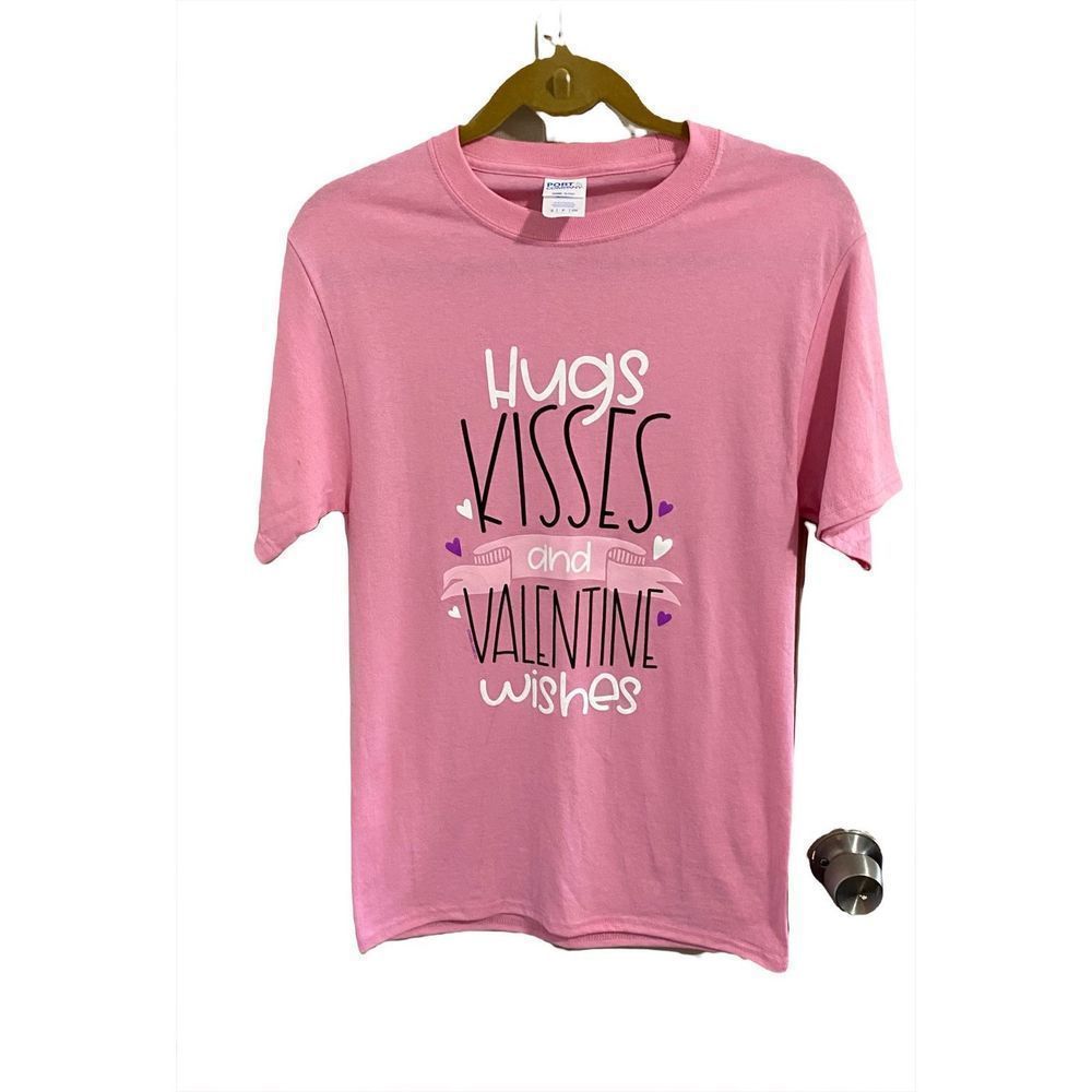 Port & Company Pink T Shirt Hugs Kisses Valentine Wishes New Small